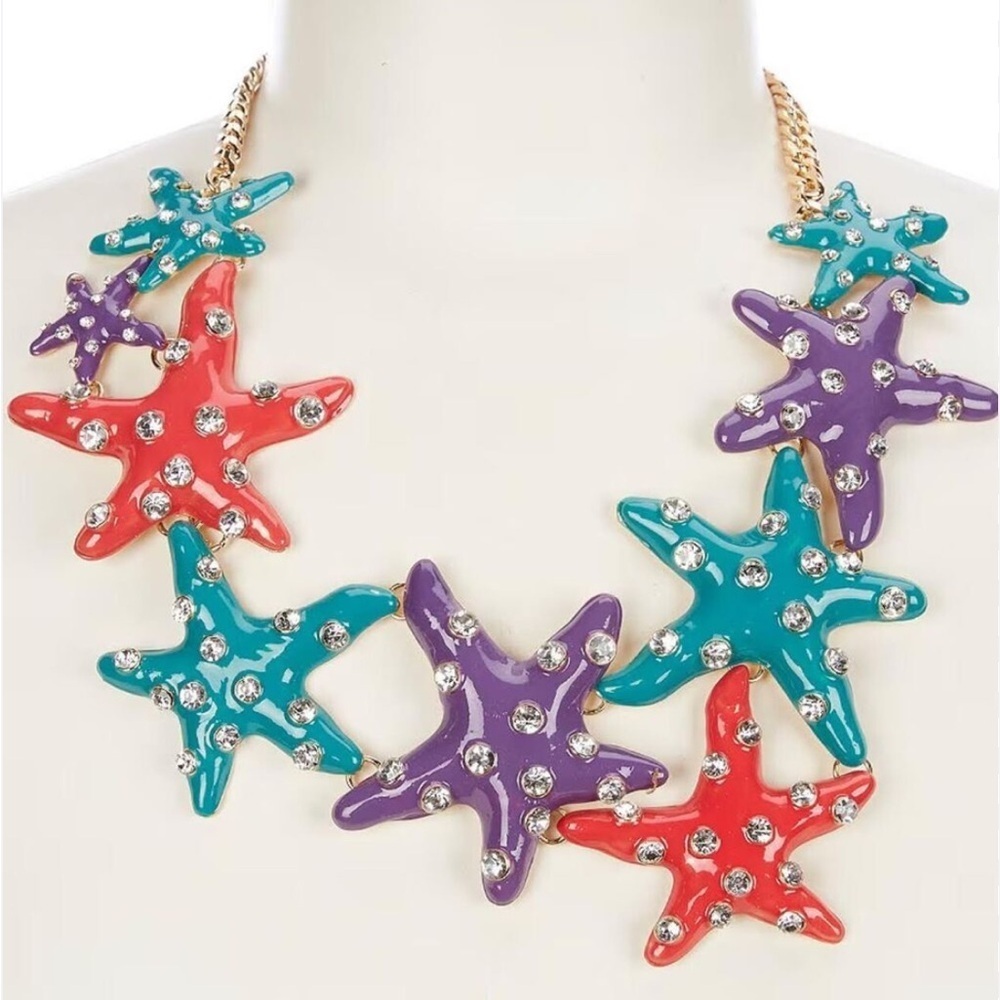 NWT,Natasha, Enamel Rhinestone Starfish Frontal Statement Necklace, GIFT ME!